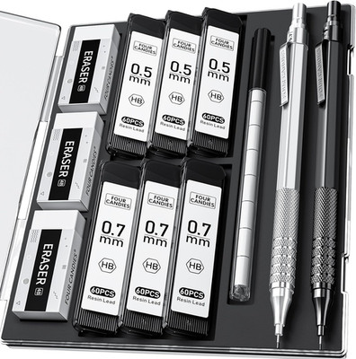 2PCS Metal Mechanical Pencils Set with Case, 0.5mm & 0.7 mm Artist Pencil with 6