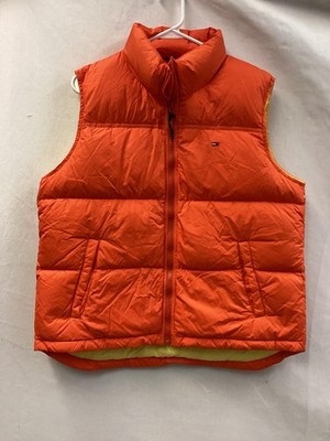 Tommy Jeans Vest Mens Large Orange Down Puffer Full Zip Pockets Insulated Nylon