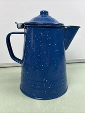 Vintage Blue Speckled Enamelware Cowboy Coffee Pot Kettle Graniteware
