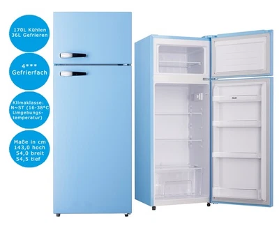 PKM Kühl-Gefrierkombination Blau 206 L LED Kühlschrank 143 cm hoch Retro