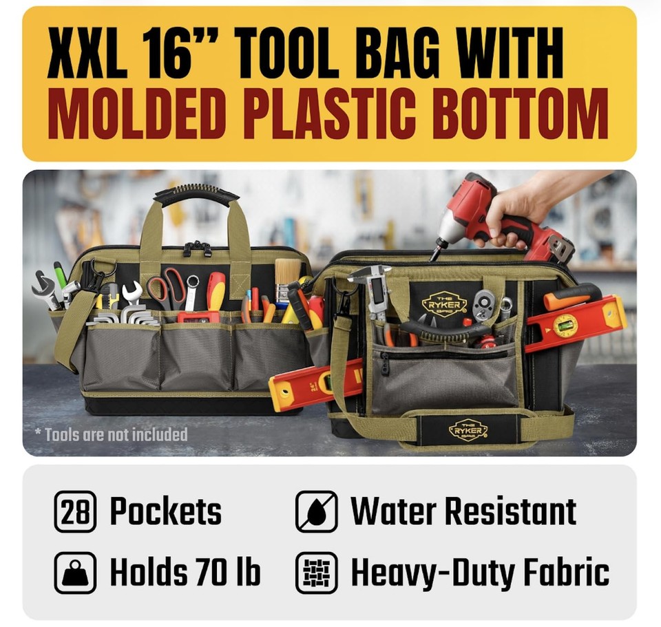 Ryker 16’’ Heavy Duty Tool Bag. Tool Box Organizer for Electrician ...