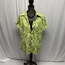 Dressbarn Layered Look Button Up Blouse Womens Sz 14-16 Green Black Short Sleeve