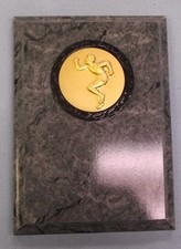 Track running trophy plaque 5 x 7 dark grey high relief metal male sprinter