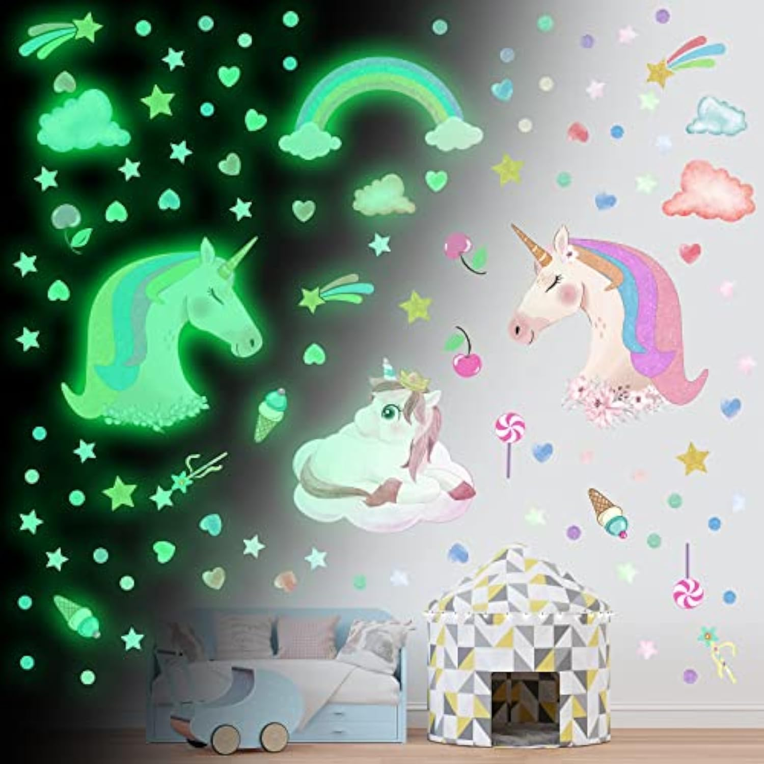 Glow in the Dark Unicorn Wall Stickers Decals, Removable Dots Stars Decals for C