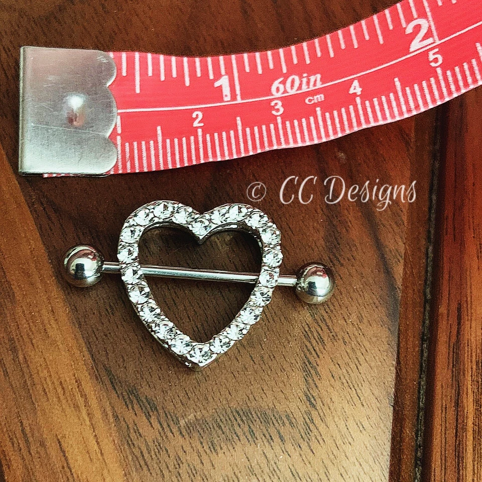 Pair 14g Cz White Sparkle Heart Rhinestone Nipple Rings Shield (J141-144) - Image 3 of 3