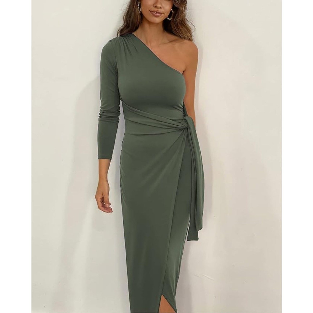 Long Sleeve One Shoulder Bodycon Ruched Tie Waist Wrap Midi Party