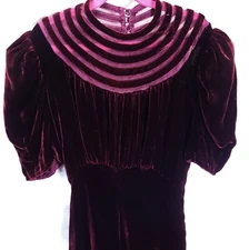 1930s Ruby Red Silk Velvet Dress Puff Sleeves Shirred Chest Netting Collar Belt 