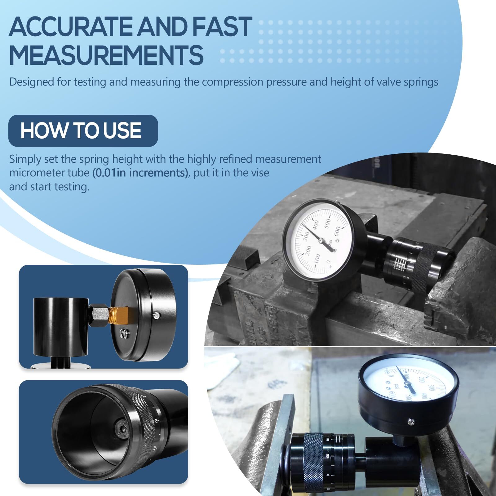 66841 Mini Valve Spring Tester and Measuring Combo Fits for Vise or Arbor Press