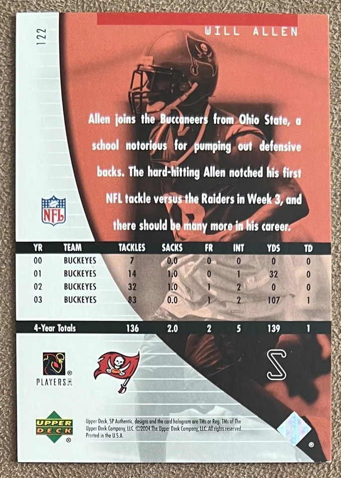 2004 SP Authentic Rookie Authentics Will Allen /1199 Tampa Bay Buccaneers #122 - Image 2 of 2