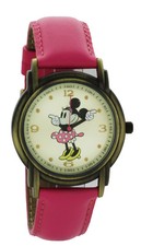 Disney Minnie Mouse Antique Gold Tone Pink Leather Classic Moving Hands Watch