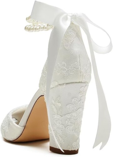 High Block Heel Wedding Shoes for Bride Pointed Toe Pearl 10, Ivory Lace - Picture 4 of 7