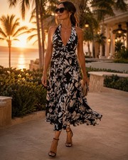 White House Black Market WHBM 4 Black White Floral Halter Midi Lined Dress