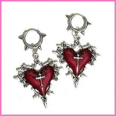 Goth Jewelry Thorns Heart Cross Earrings Red Drip Oil Rose Flower Earrings...
