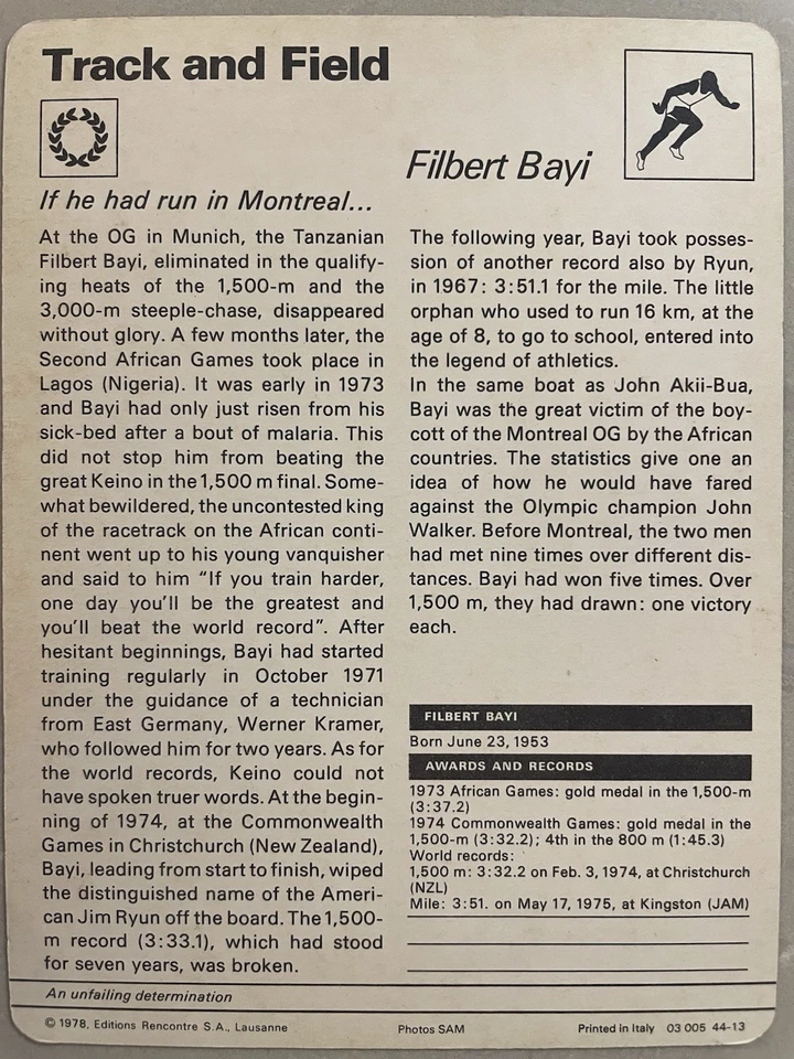 Tarjeta de atletismo Sportscaster 1978 Filbert Bayi Foto 2 de 2