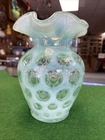 Vintage Fenton Green Opalescent Coin Dot Ruffled Rim Vase