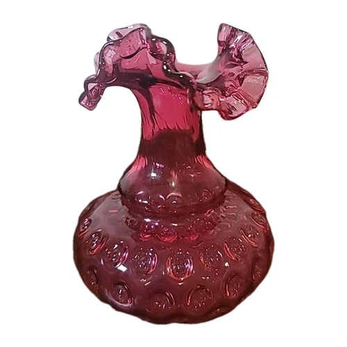 VINTAGE FENTON CRANBERRY PINK GLASS THUMBPRINT RUFFLED RIM GLASS VASE 6”