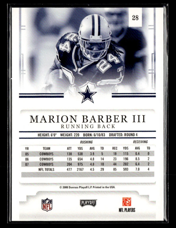 2008 Playoff Prestige #28 Marion Barber Card Dallas Cowboys - Image 2 of 2