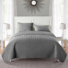 Grey Quilt for Queen Bed, 3-Piece Basketweave Coverlet with Shams, Soft & Light