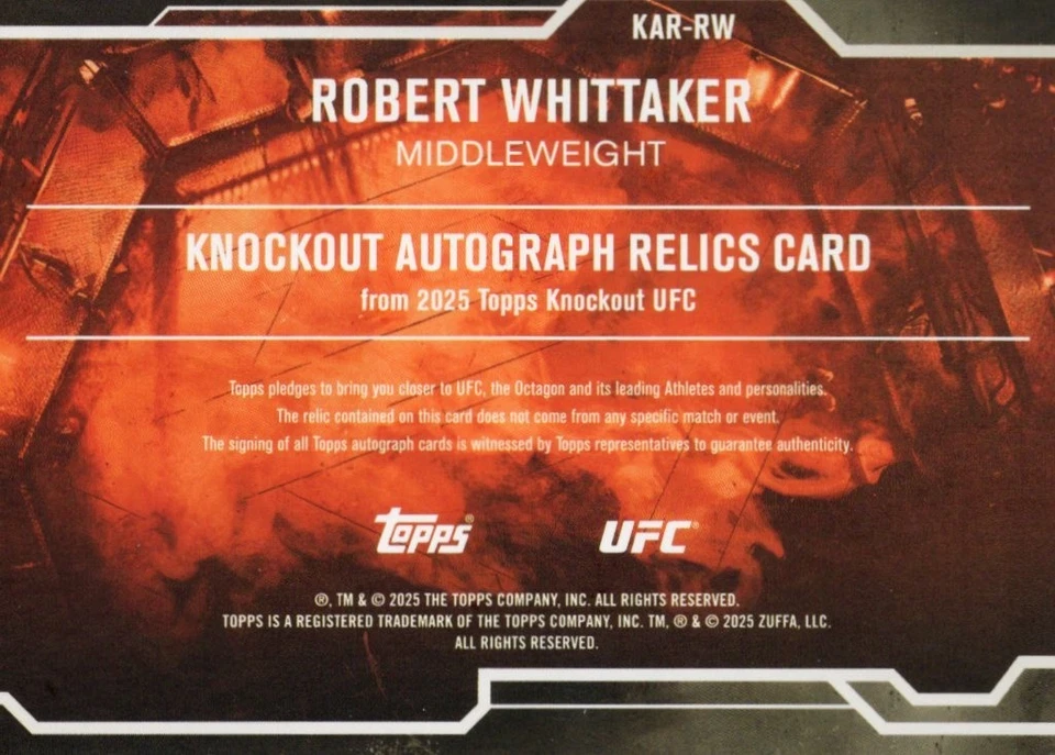 Reliquias autógrafas Robert Whittaker #KAR-RW Knockout 2025 Topps Knockout UFC 1/1 Foto 2 de 2