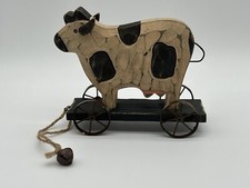 Vintage Decorative Hand Carved Wood Painted Cow Bottle Folk Art Metal Wheels