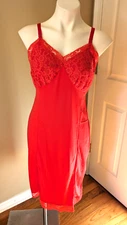Vtg 60s GAYMODE Penneys Nylon Red Full Slip/Dress Lacey Bust & Hemline Sz 36Tall