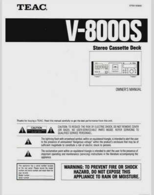 TEAC V-8000S - Stereo Cassette Tape Player Bedienungsanleitung - BENUTZERHANDBUCH 