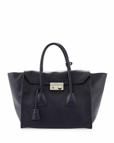 100% AUTHENTIC NEW PRADA GLACE CALF LARGE TWIN POCKET BLUE TOTE BAG