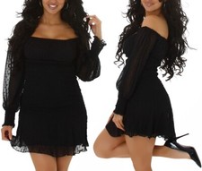 Sexy Women Chiffon Ruffle Mini Dress Carmen Long Sleeve L 38 Black New