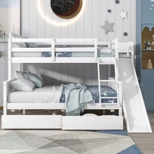 Twin over Full Bunk Bed with 2 Drawers Slide and Shelves White