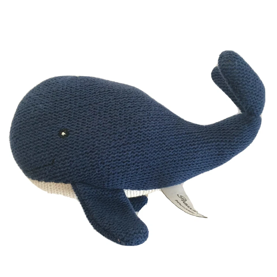Peacock Alley Blue Whale Plush Knit Stuffed Animal Stuffy White Navy Small 6” - Image 4 of 4
