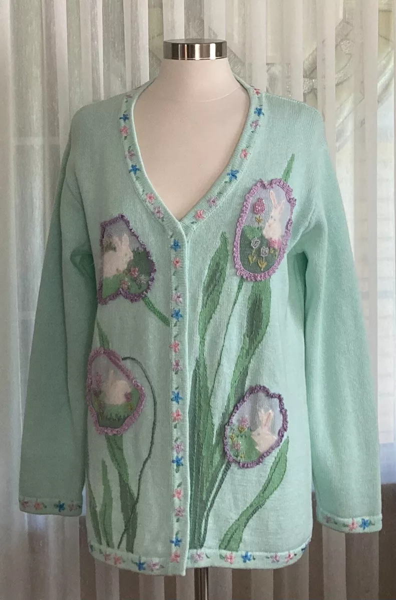 Womens Storybook Knits V-Neck Cardigan Easter Sweater Blooming Bunnies Green L