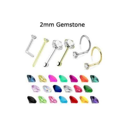 18K Solid White or Yellow Gold Nose Ring Stud Screw L Bend Bone 2mm CZ 22G