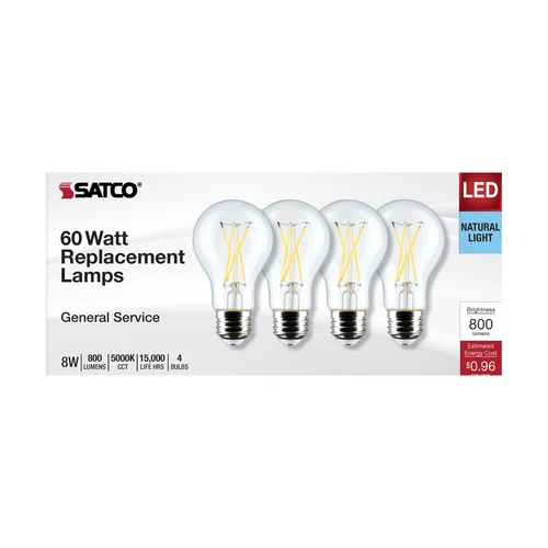4 Pack Satco S12465 LED Filament 8W 60W A19 Medium E26 Clear 5000K Natural Light - Picture 7 of 12