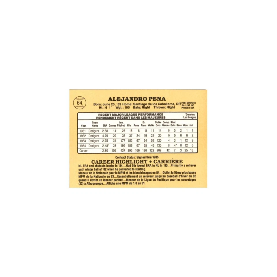 Alejandro Pena 1985 Leaf #64 Los Angeles Dodgers Baseball Card NM - Image 2 of 3
