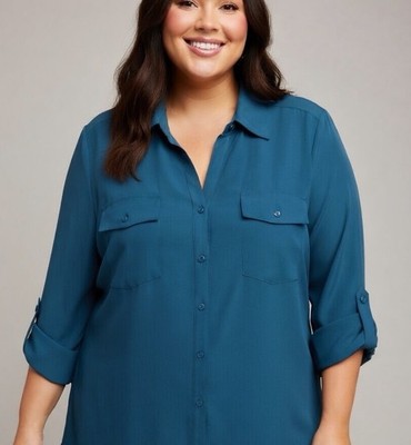 Notations Tunic Blouse Top 3X Button Down Luxury Money Career Teal Dressy Work