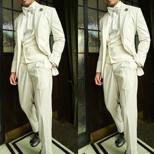 White Striped Men's Suits Peak Lapel Wedding Groomsmen Tuxedo Slim Fit 3 pieces