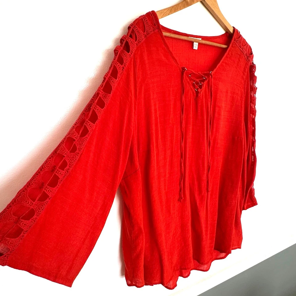 Camisa Cato Para Mujer Talla 22/24W Roja Con Cordones Manga Crochet Ligera Blusa Top Foto 3 de 4