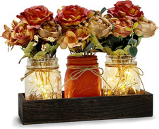 3-Piece Mason Jar Centerpiece with Orange Flowers  Lights - Farmhouse Decor for