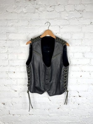David Samuel Menkes RARE Custom Black Leather Lace-Up Vest Snap Front Biker Punk