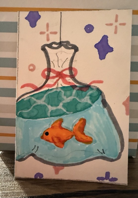 aceo original painting Alcohol Ink Gold Fish In Bag Tiny Aquatic Drawing Set 2/3