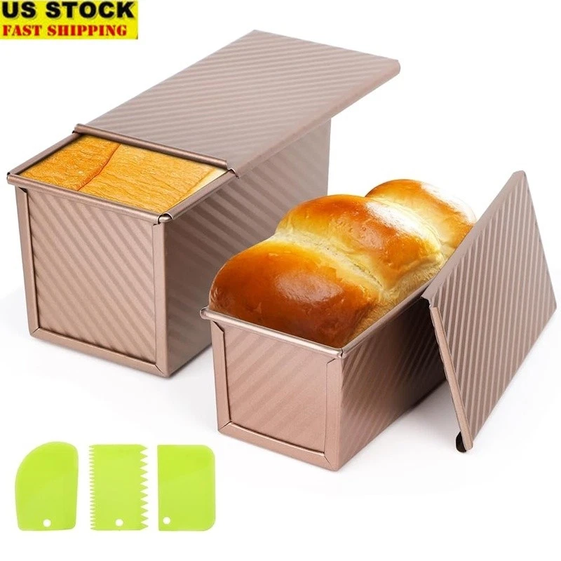 Non-Stick Pullman Loaf Pan Set W/ Vent Design & 3 Scrapers Baking Bread New