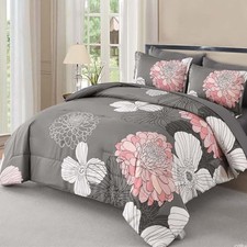 Full Size Comforter Sets,7 Pieces Grey Pink Full 90" 78" Pink Gray White