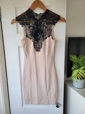 Lipsy Light Beige & Black Lace / Crochet Bodycon Tie Up Dress | Size 6