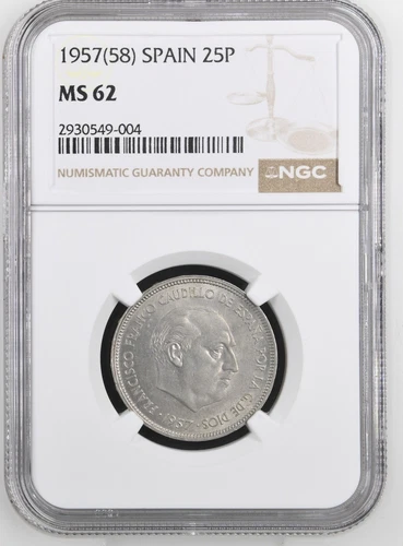1957 (58) SPAIN 25 PESETAS - NGC CERTIFIED MS 62 - FREE U.S. / $12.50 WORLD SHIP
