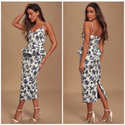 En Saison A Sight To See Navy Blue Floral Jacquard Peplum Ruffle Midi Dress NWT