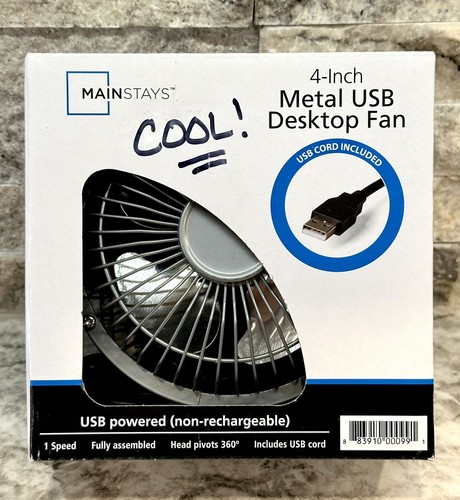 Mainstays 4 Inch Metal Mini 360 Degree USB Personal Desktop Fan Silver NIB