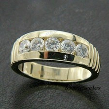 5-Stone 2.20CT Real Round Cut Moissanite Wedding Band Ring 14K Yellow Gold Over