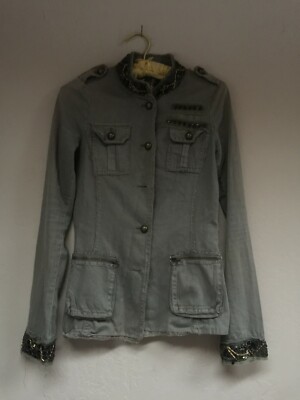 Toy G Women's Button Down Jacket Size 4 Zip Pockets Sequin Beads Khaki Stylish