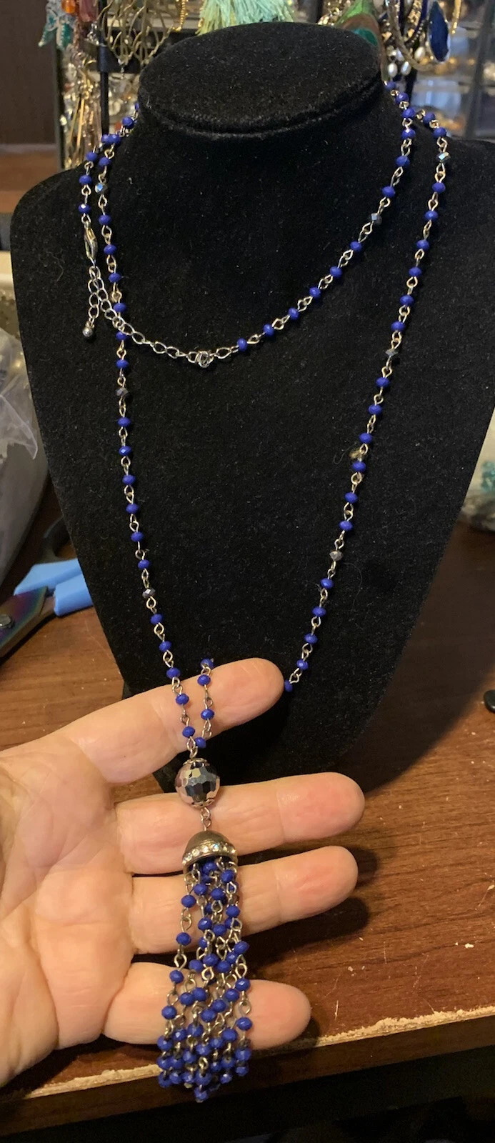 VETEMENTS Collana Tipo Rosario Navy Con Frangia Fibbia Aragosta Argento Lunga