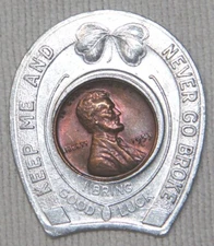 KEEP ME AND NEVER GO BROKE ENCASED 1953 D PENNY, GOOD LUCK ADVERTISING TOKEN